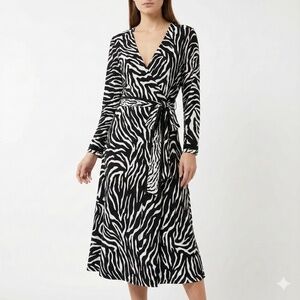 EVAN PICONE Zebra Print Long Sleeve True Wrap Midi Dress US Sz 14